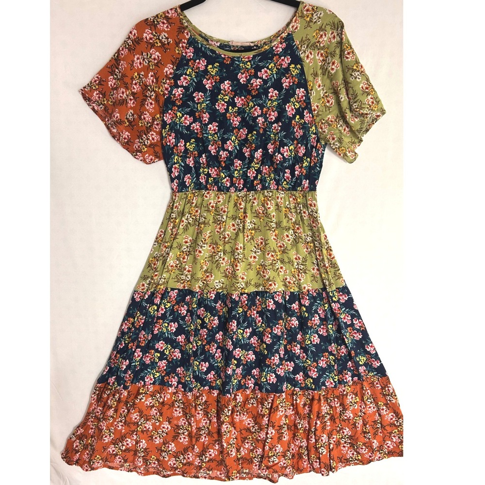 Ces Femme Floral Patchwork Tiered Midi Dress Navy Green Rust Short Sleeve Small